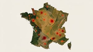 Carte de France présentant des foyers d’incendie en rouge orangé et des zones forestières sensibles en surimpression ambrée, dans un style d’infographie environnementale réaliste.
