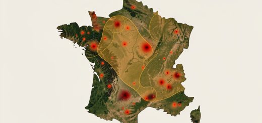 Carte de France présentant des foyers d’incendie en rouge orangé et des zones forestières sensibles en surimpression ambrée, dans un style d’infographie environnementale réaliste.