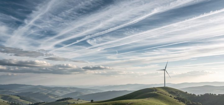 Illustration réaliste d’un paysage avec des nuages superposés, des flux d’air visibles dans le ciel et une éolienne au loin.