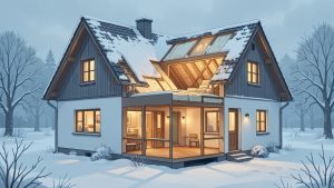 Illustration réaliste d’une maison individuelle en hiver, avec une coupe visible de la toiture isolée et des combles chaleureux sous la neige.