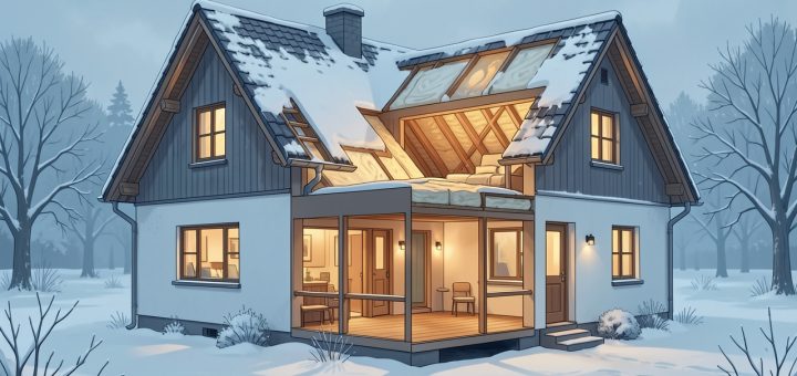 Illustration réaliste d’une maison individuelle en hiver, avec une coupe visible de la toiture isolée et des combles chaleureux sous la neige.