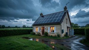 Maison individuelle française équipée de panneaux solaires et d'une batterie, dans un environnement rural sous un ciel d'orage.