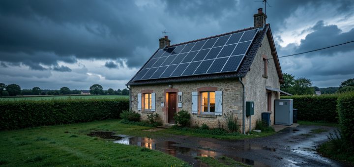 Maison individuelle française équipée de panneaux solaires et d'une batterie, dans un environnement rural sous un ciel d'orage.
