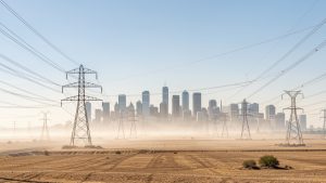 Réseau de pylônes électriques à haute tension sous un soleil intense, avec une ville lointaine et une brume de chaleur.