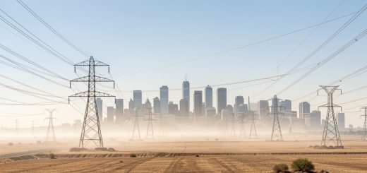 Réseau de pylônes électriques à haute tension sous un soleil intense, avec une ville lointaine et une brume de chaleur.