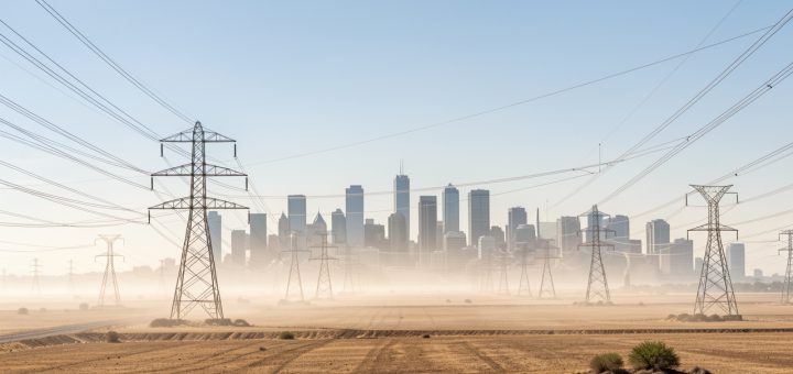 Réseau de pylônes électriques à haute tension sous un soleil intense, avec une ville lointaine et une brume de chaleur.