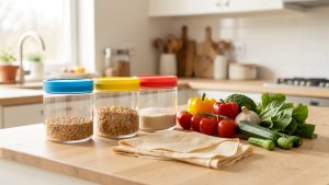 Cuisine lumineuse présentant des bocaux en verre, des couvercles en silicone, des bee wraps pliés et des légumes frais sur un plan de travail en bois.