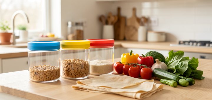 Cuisine lumineuse présentant des bocaux en verre, des couvercles en silicone, des bee wraps pliés et des légumes frais sur un plan de travail en bois.