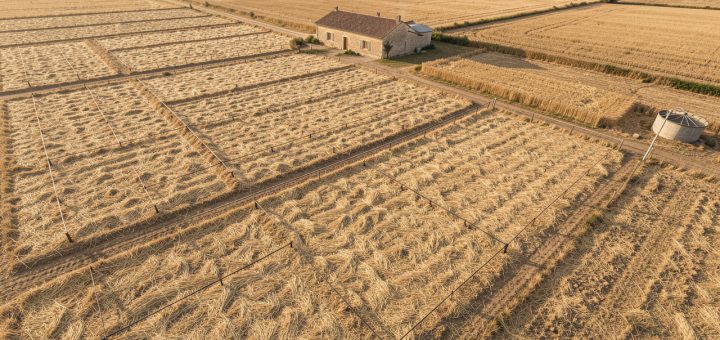 Vue aérienne réaliste d’une exploitation agricole française touchée par la sécheresse, avec des parcelles couvertes de paillage, des lignes de goutte-à-goutte et une petite citerne de récupération d’eau de pluie.