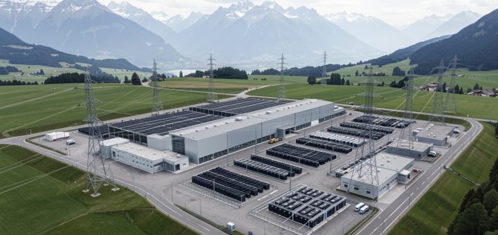 Vue aérienne réaliste d’une installation suisse de stockage d’électricité près de Laufenburg, avec bâtiments techniques, lignes à haute tension et Alpes en arrière-plan.