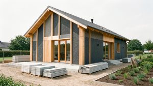 Maison contemporaine en ossature bois avec bardage en panneaux de plastique recyclé, photographiée sur un chantier propre et ordonné à la lumière naturelle.