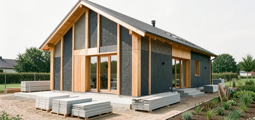 Maison contemporaine en ossature bois avec bardage en panneaux de plastique recyclé, photographiée sur un chantier propre et ordonné à la lumière naturelle.