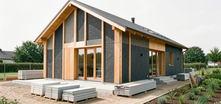 Maison contemporaine en ossature bois avec bardage en panneaux de plastique recyclé, photographiée sur un chantier propre et ordonné à la lumière naturelle.