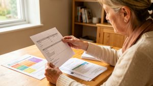 Propriétaire examinant des documents vierges liés à la rénovation énergétique et aux aides financières sur une table éclairée.