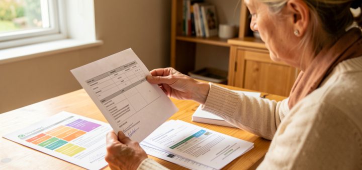 Propriétaire examinant des documents vierges liés à la rénovation énergétique et aux aides financières sur une table éclairée.