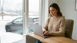 Femme en télétravail devant un ordinateur dans un logement lumineux en hiver, près d’un radiateur, avec une voiture stationnée dehors sous un ciel froid.