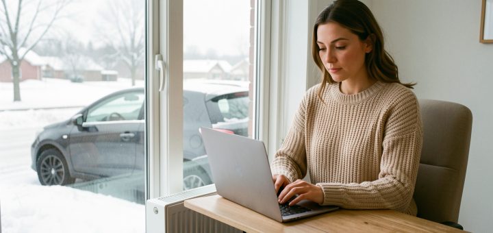 Femme en télétravail devant un ordinateur dans un logement lumineux en hiver, près d’un radiateur, avec une voiture stationnée dehors sous un ciel froid.