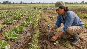 Une agricultrice examine une sonde d’humidité au milieu d’une parcelle maraîchère équipée d’un système d’irrigation goutte-à-goutte, sous une lumière naturelle.