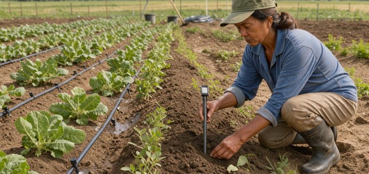Une agricultrice examine une sonde d’humidité au milieu d’une parcelle maraîchère équipée d’un système d’irrigation goutte-à-goutte, sous une lumière naturelle.