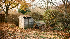 Jardin d’automne couvert de feuilles mortes, avec un composteur en bois et une brouette sous une lumière douce.