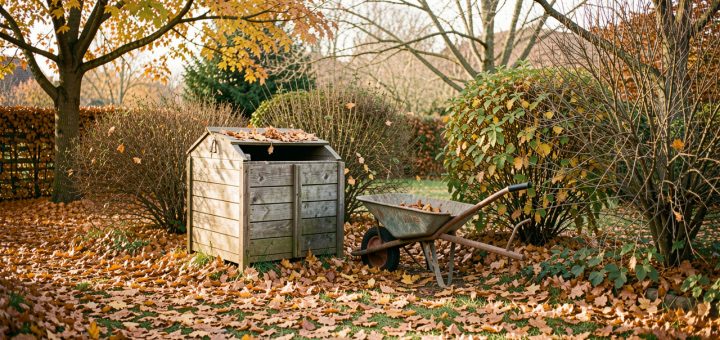 Jardin d’automne couvert de feuilles mortes, avec un composteur en bois et une brouette sous une lumière douce.