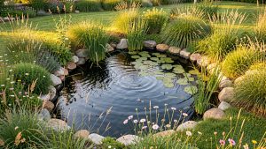 Mare naturelle de jardin vue en légère plongée, entourée de berges en pente douce et de plantes indigènes, avec des libellules au-dessus de l’eau dans la lumière dorée de fin d’après-midi.