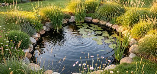 Mare naturelle de jardin vue en légère plongée, entourée de berges en pente douce et de plantes indigènes, avec des libellules au-dessus de l’eau dans la lumière dorée de fin d’après-midi.