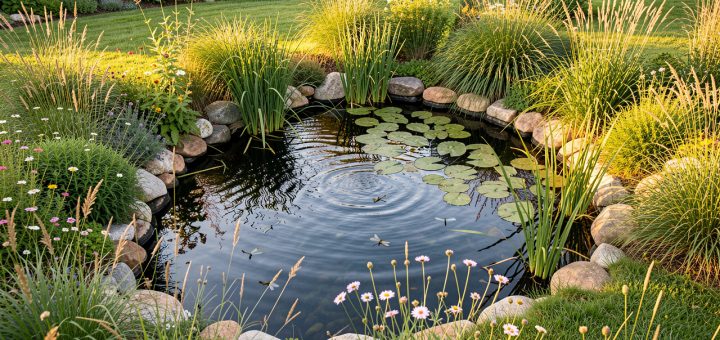 Mare naturelle de jardin vue en légère plongée, entourée de berges en pente douce et de plantes indigènes, avec des libellules au-dessus de l’eau dans la lumière dorée de fin d’après-midi.