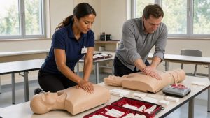 Une formatrice montre les gestes de réanimation à l’aide d’un mannequin pendant une session de remise à niveau en premiers secours.