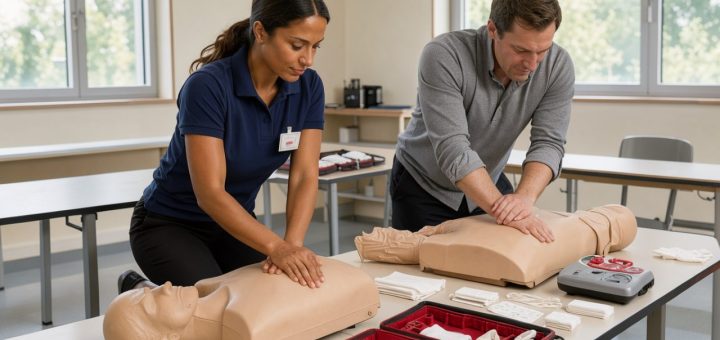 Une formatrice montre les gestes de réanimation à l’aide d’un mannequin pendant une session de remise à niveau en premiers secours.