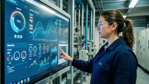 Technicienne en tenue de travail observant un tableau de bord numérique avec des indicateurs visuels de consommation d’eau, de débit et d’énergie dans une installation industrielle.