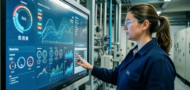 Technicienne en tenue de travail observant un tableau de bord numérique avec des indicateurs visuels de consommation d’eau, de débit et d’énergie dans une installation industrielle.